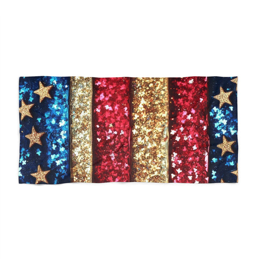 Patriotic Glitter Stars Beach Towel — Red White Blue Stripes